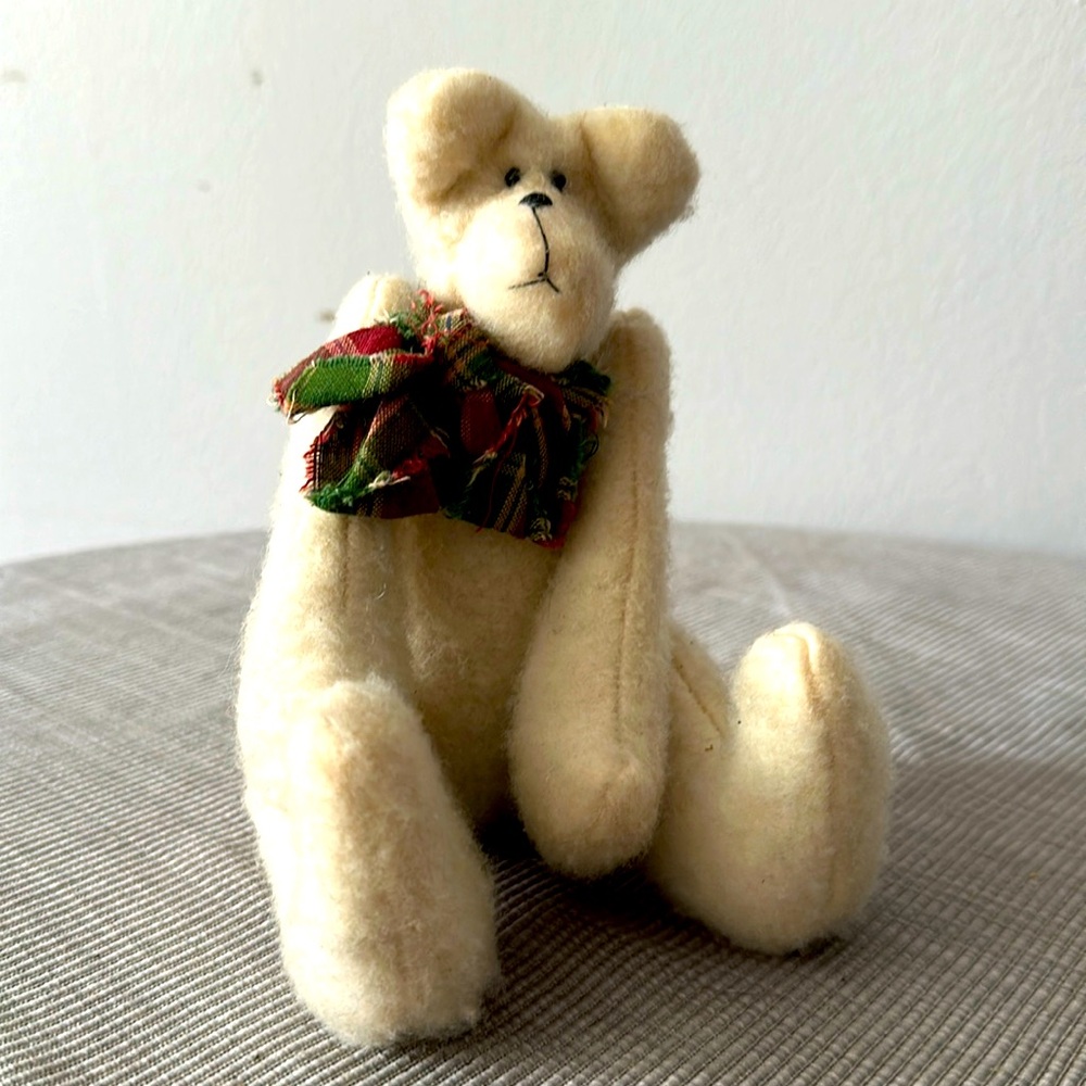 Vintage Felt Cream Stuffed Bear with Plaid Bow